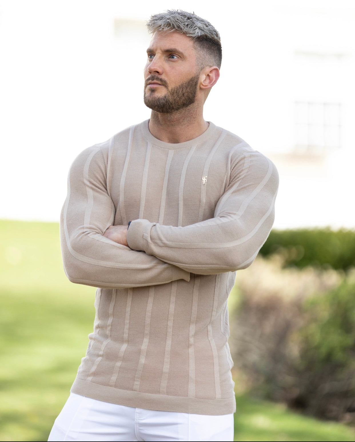 Classic Long Sleeve Oatmeal Knitted Wide Rib Crew with Gold Emblem - FSH740