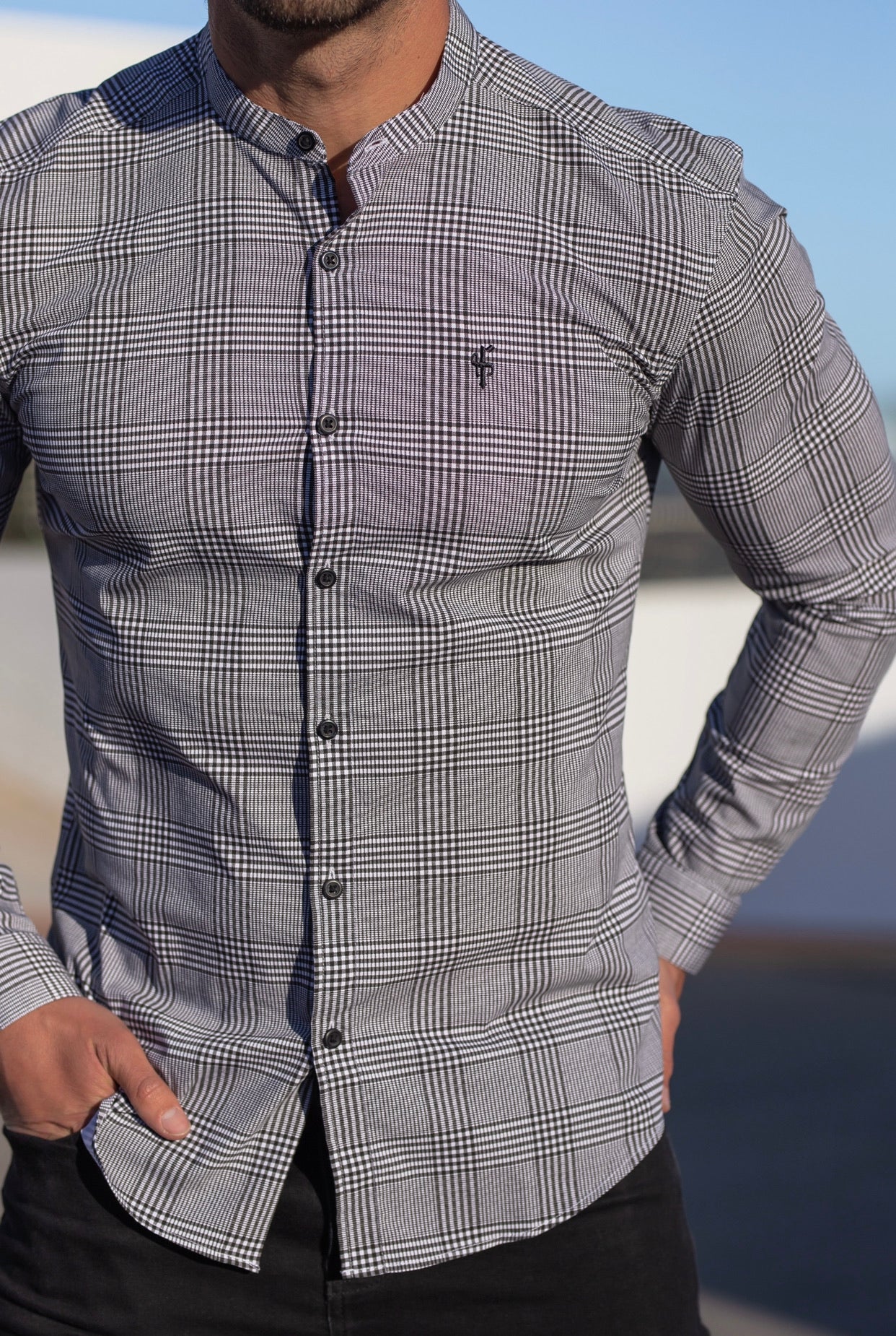 Super Slim Stretch Prince Of Wales White and Black Print Check Long Sleeve with Grandad Collar- FS746