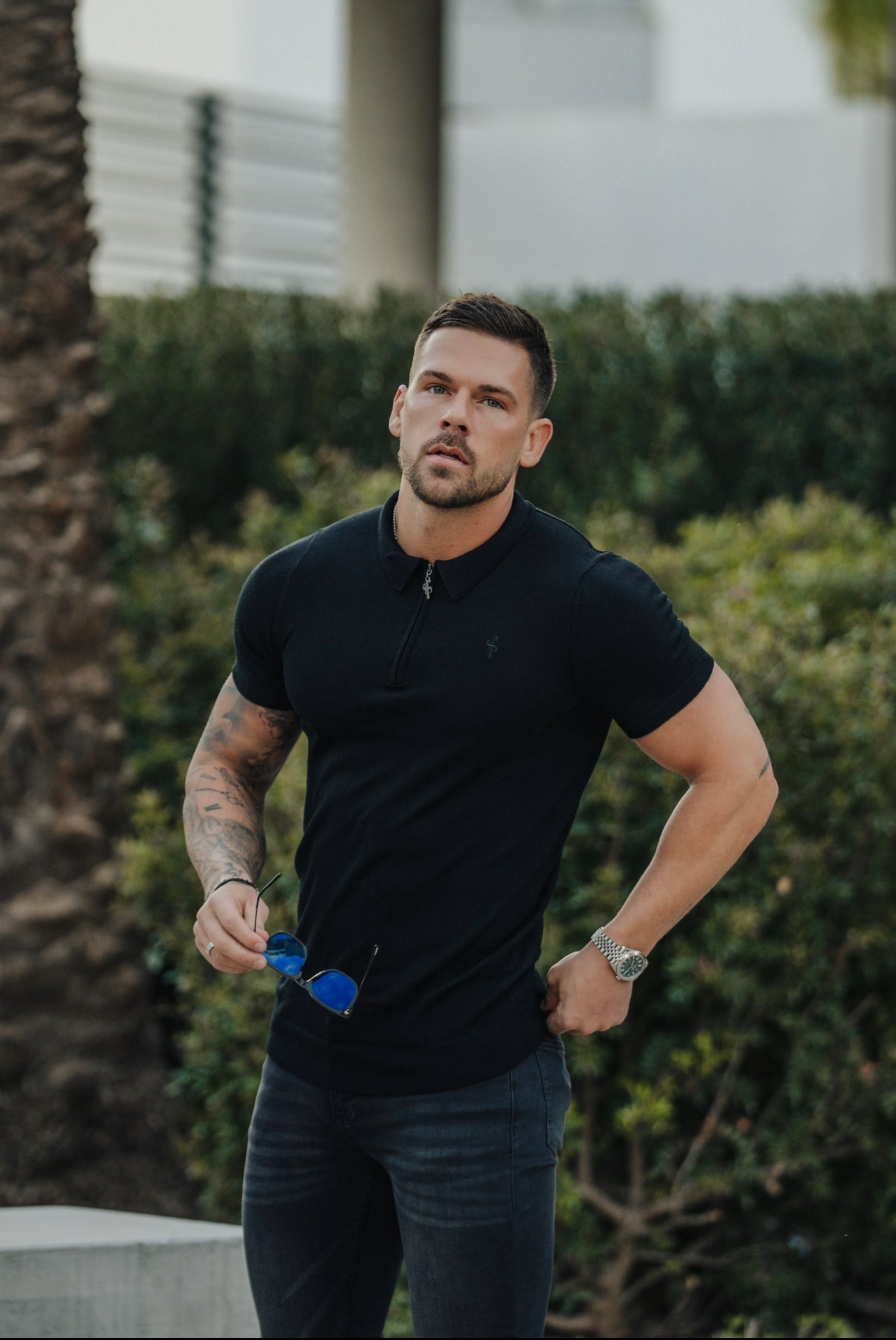 Classic Black Merino Wool Knitted Zip Polo Short Sleeve Jumper With FS Embroidery- FSN023