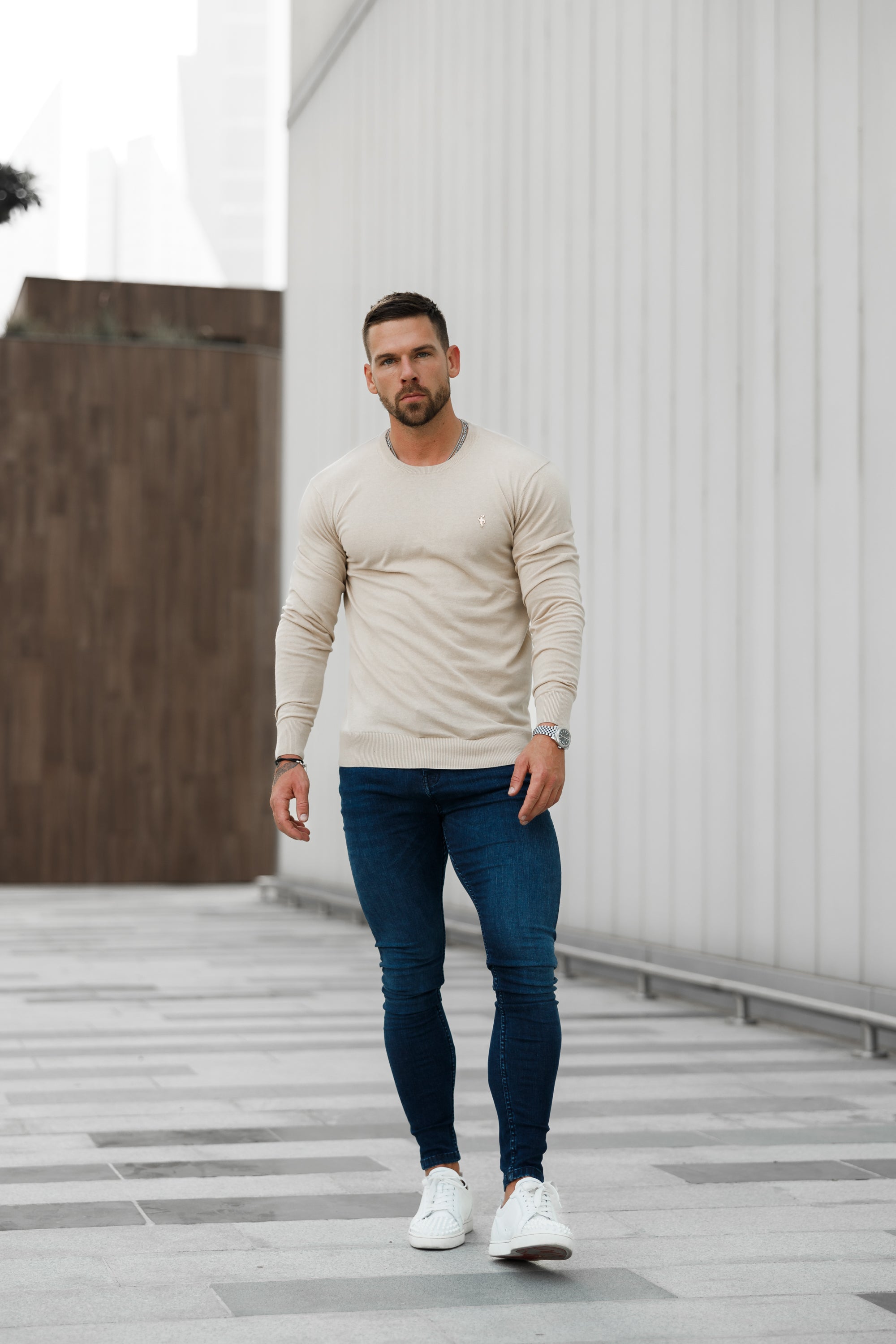 Classic Beige Light Weight Knitted Crew Neck with Gold Metal Decal - FSN093