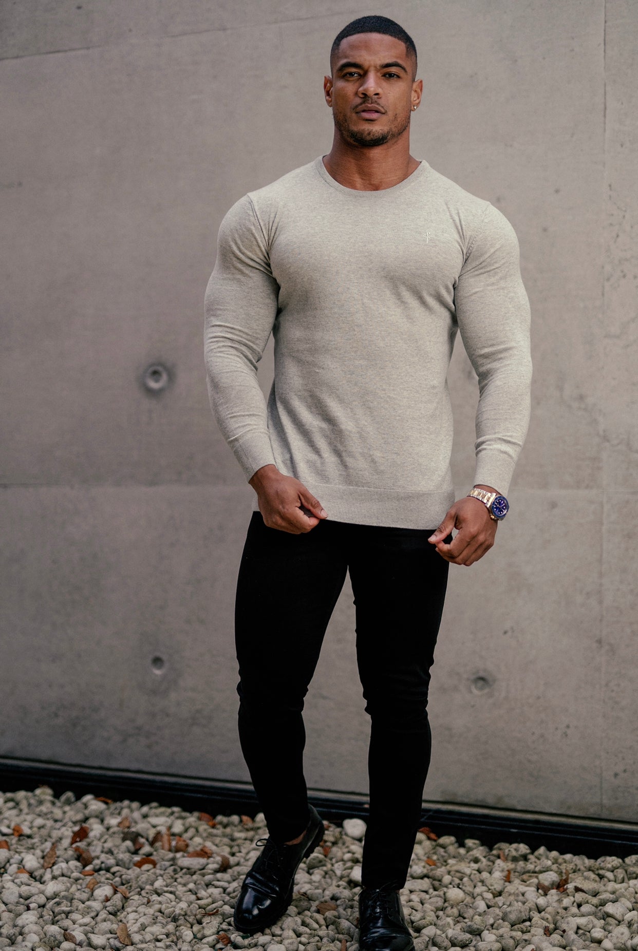 Classic Light Grey Marl Crew Neck Knitted Jumper with Tonal Emblem - FSH674
