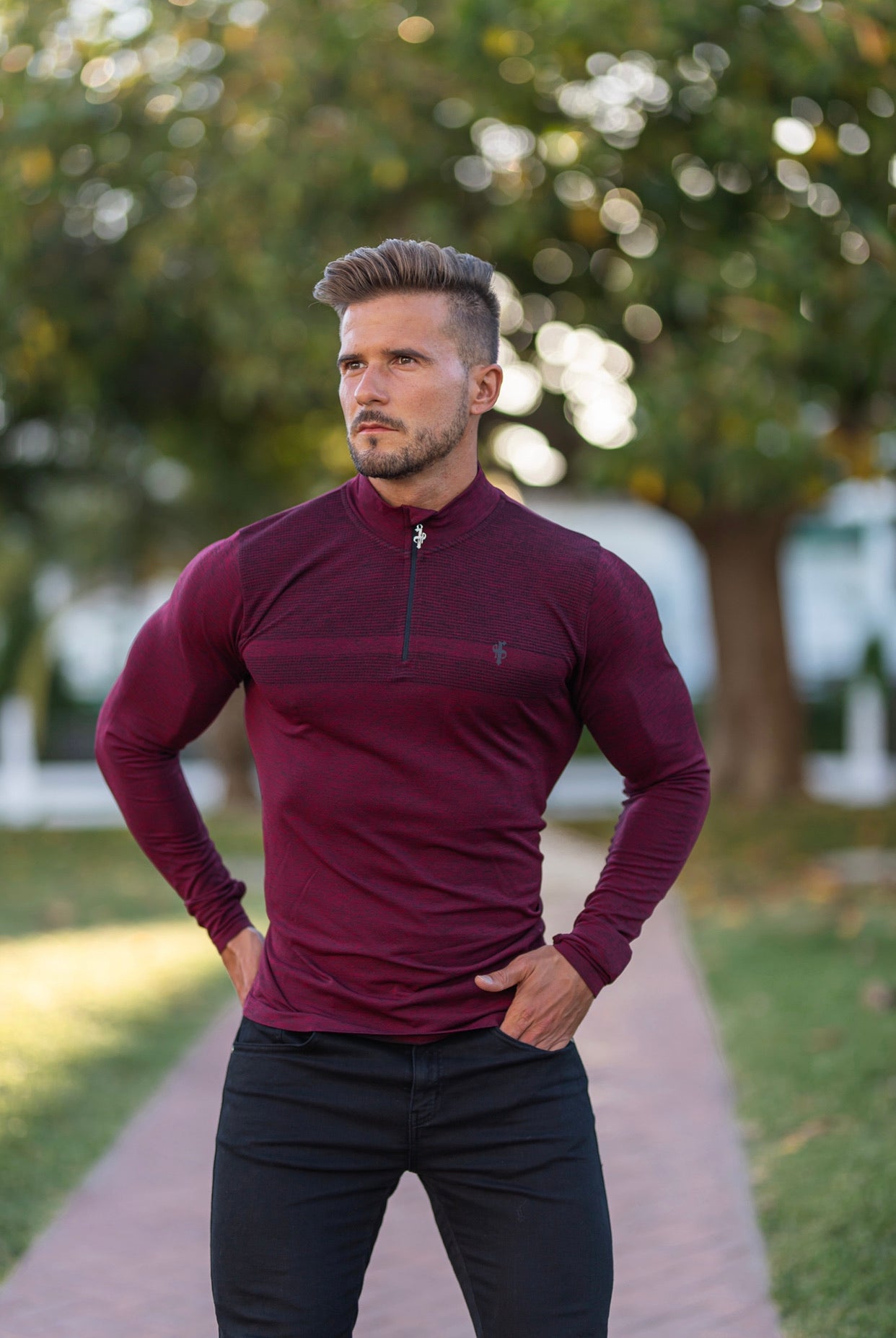 Long sleeve Burgundy / Black half zip gym top - FSM030