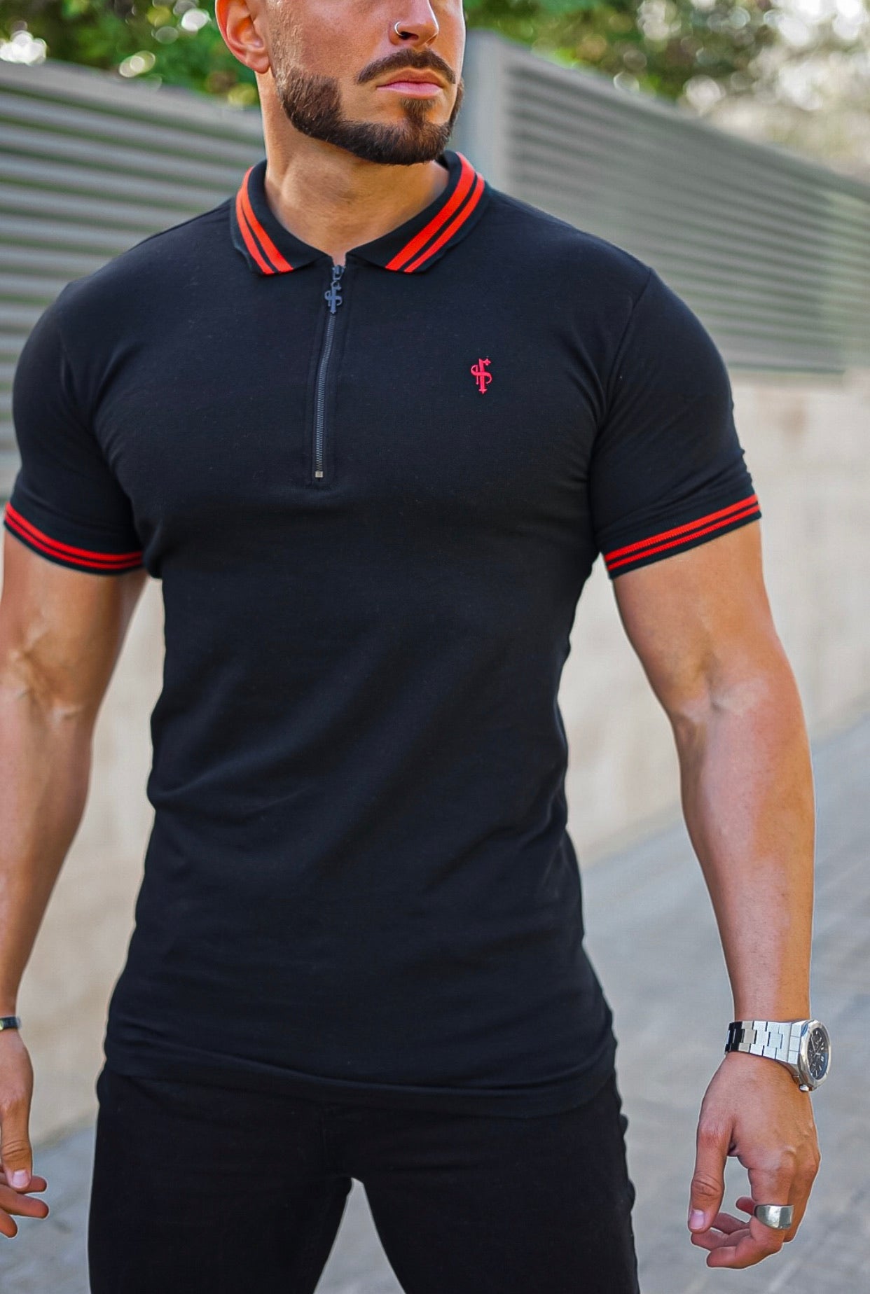 Classic Black / Red Collar and Sleeve Contrast Polo Short Sleeve - FSH619