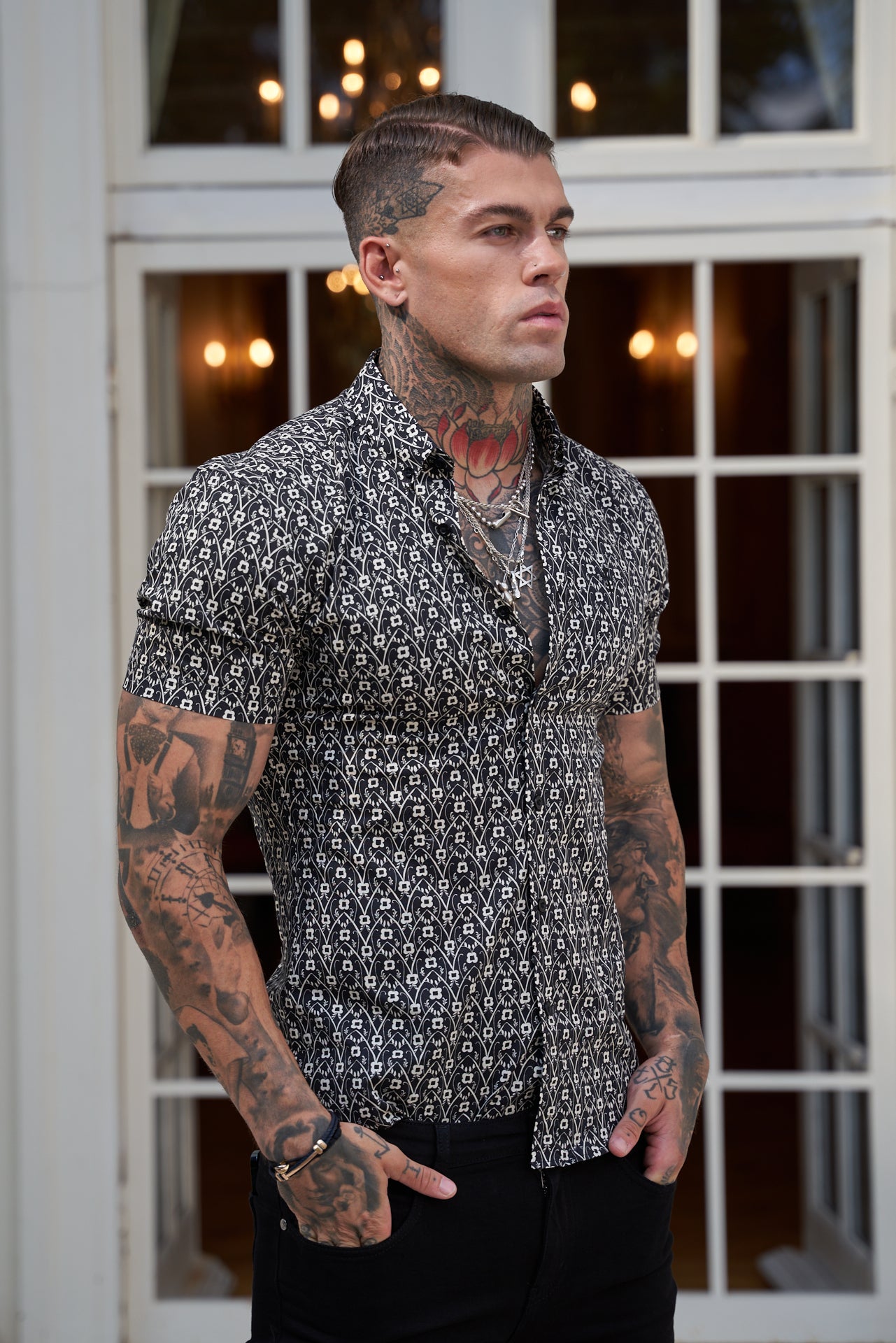 Super Slim Stretch Black and Ecru Geo Flower Print Short Sleeve with Button Down Collar - FS787