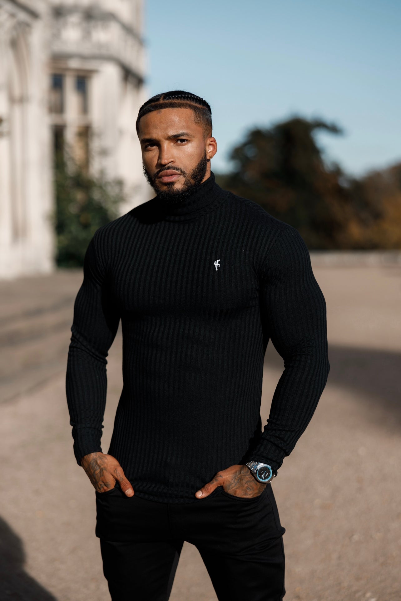 Classic Black / White Ribbed Knit Roll Neck Jumper - FSH776