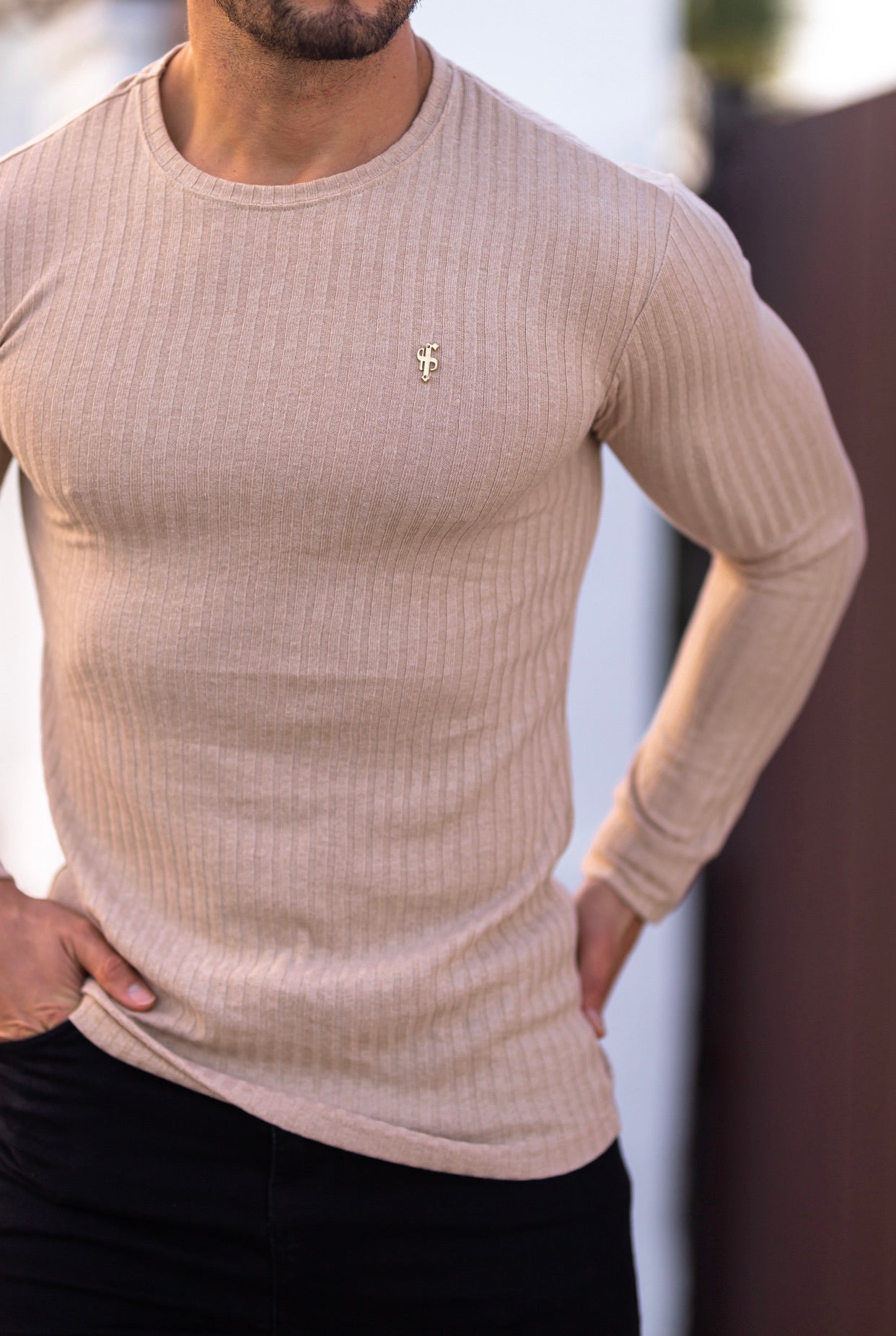 Classic Beige Ribbed Knit Jumper With Gold Emblem - FSH535