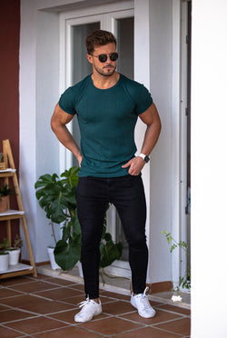 Father Sons Classic Forest Green Ribbed Knit Super Slim Short Sleeve Crew - FSH612