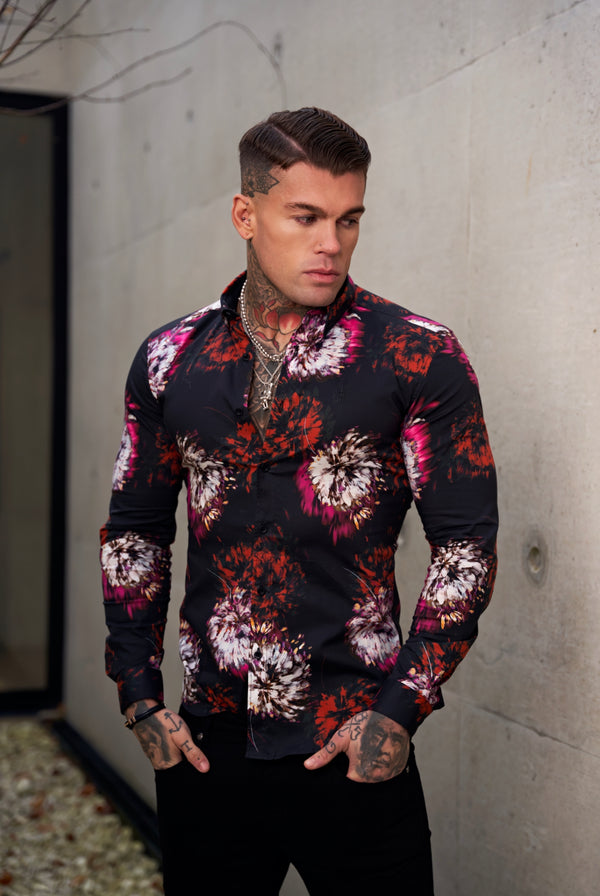 Father Sons Super Slim Stretch Black with Red / Pink Blurred Flower Print Long Sleeve with Button Down Collar - FS844