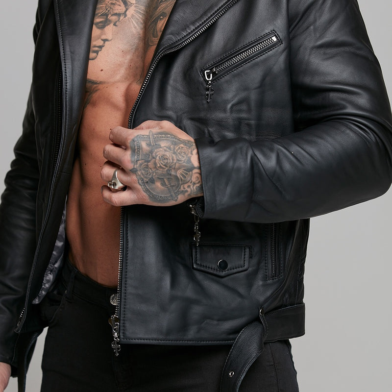 Father Sons Black Leather Jacket with Belt Detail - FSH313