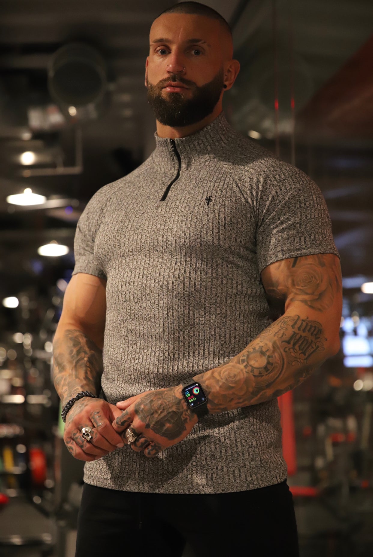 Classic Grey Ribbed Zip Funnel Neck Raglan Short Sleeve Crew - FSH730