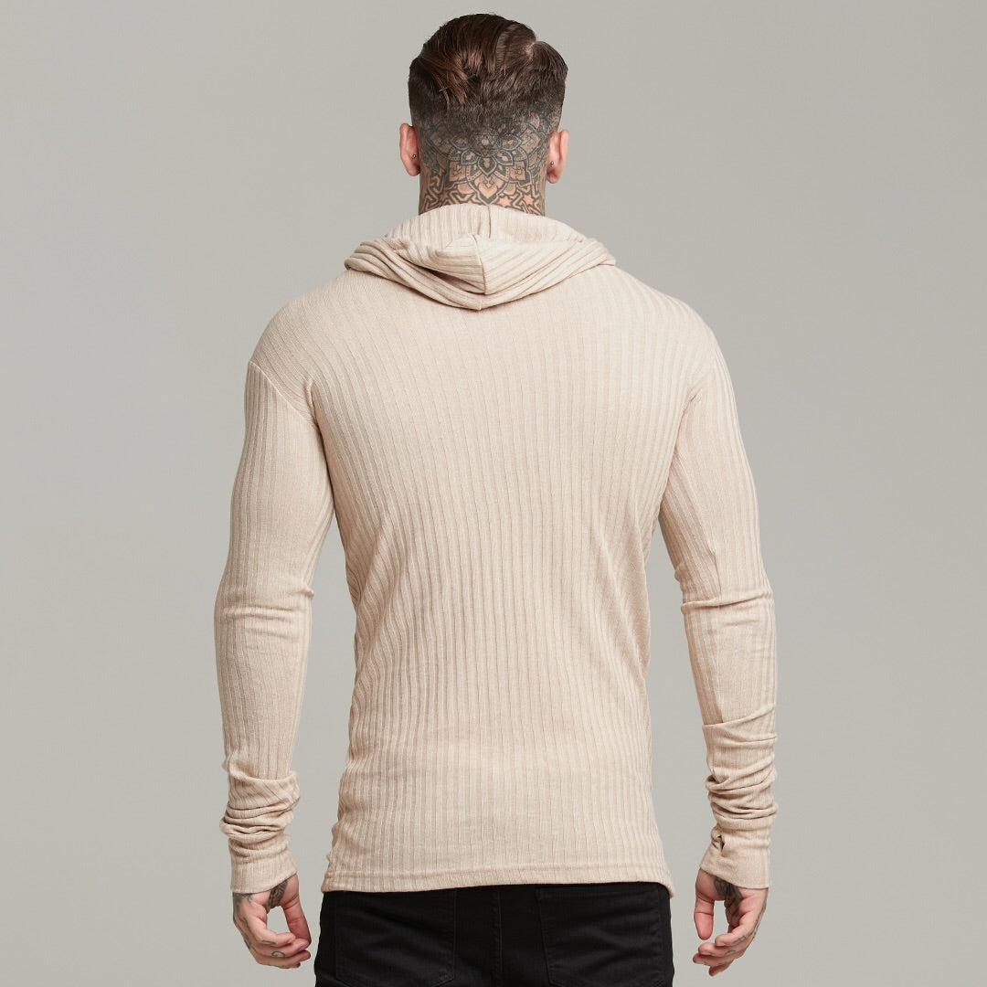Classic Beige Ribbed Knit Hoodie Jumper - FSH412