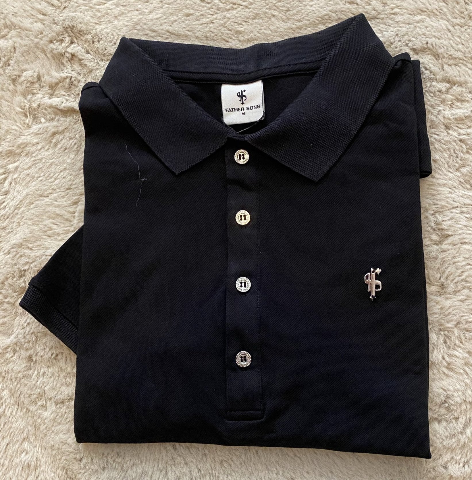 Classic Black Polo Shirt with Silver Metal Emblem Decal & Buttons - FSH459