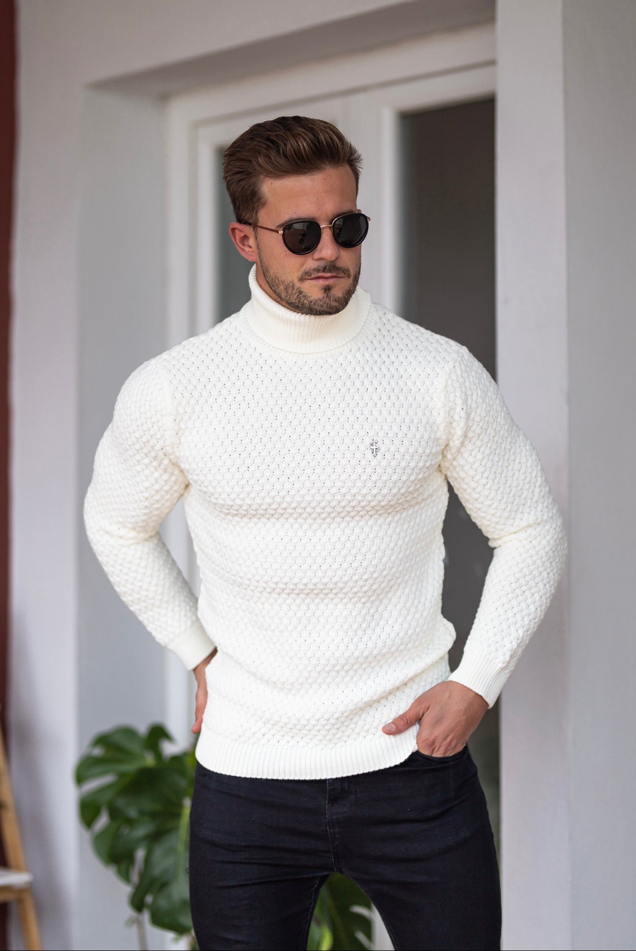 Cream Knitted Roll Neck Weave Super Slim Jumper With Metal Decal - FSJ026