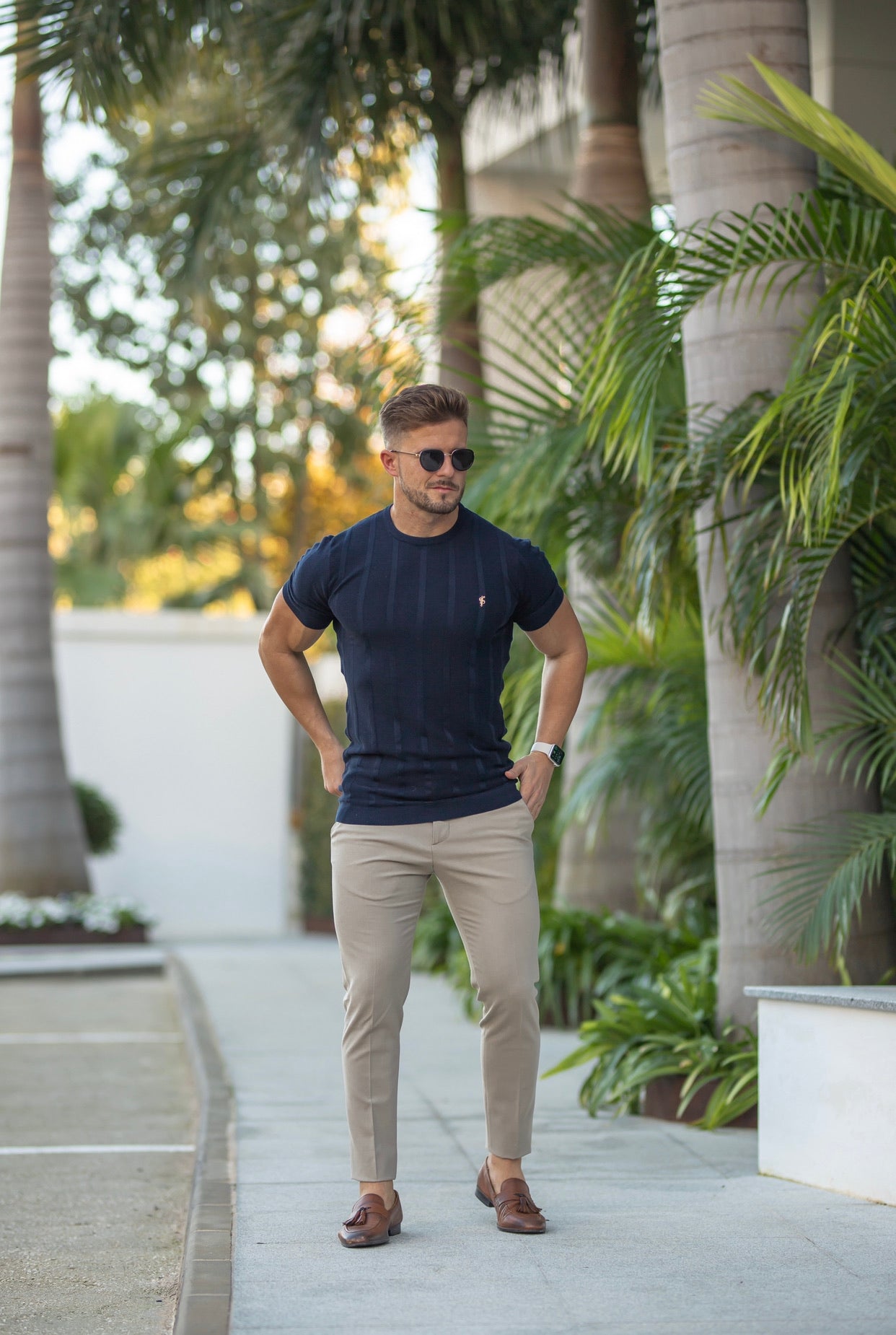 Classic Short Sleeve Navy Knitted Wide Rib Crew with Gold Emblem - FSH562