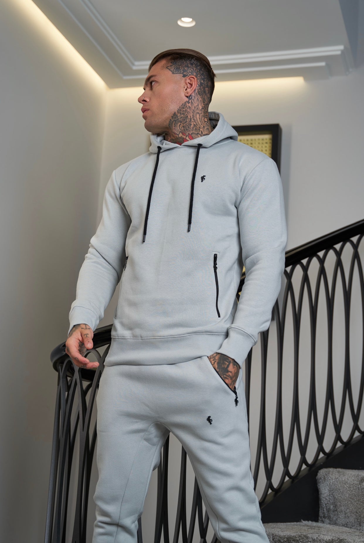 Stone Grey / Black Overhead Hoodie Top with Zipped Pockets - FSH717
