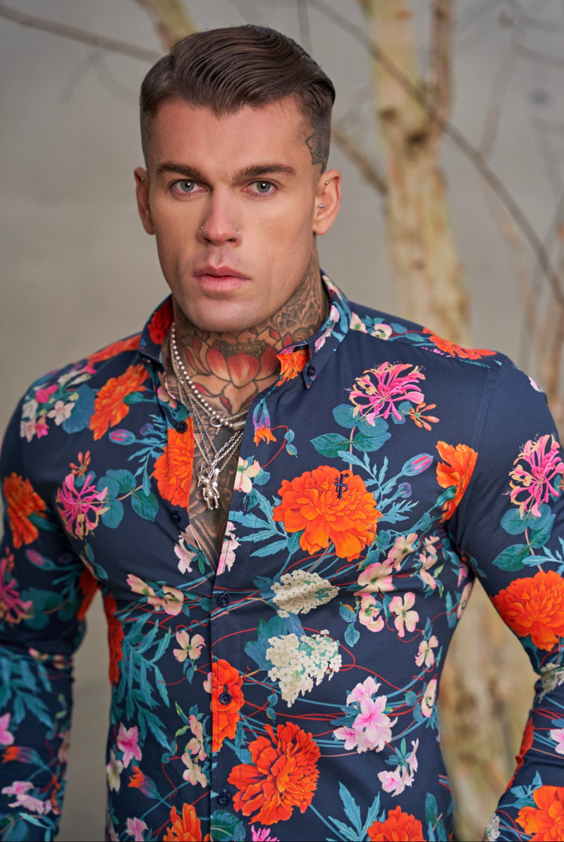 Father Sons Super Slim Stretch Navy / Red Carnation Print Long Sleeve with Button Down Collar - FS852