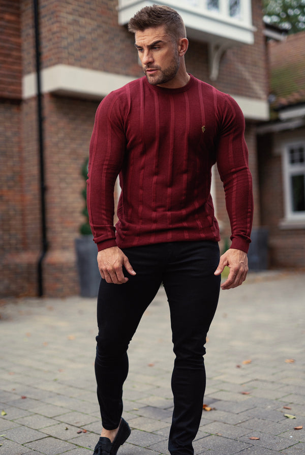 Father Sons Classic Long Sleeve Burgundy Knitted Wide Rib Crew with Gold Emblem - FSH602