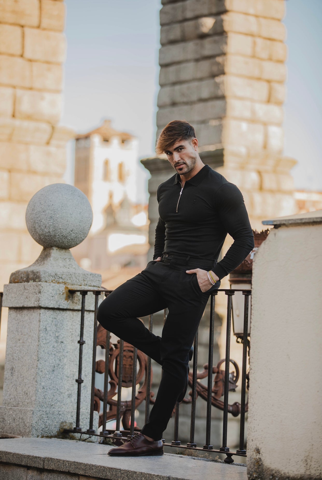 Classic Black Zipped Polo Long Sleeve Shirt - FSH025