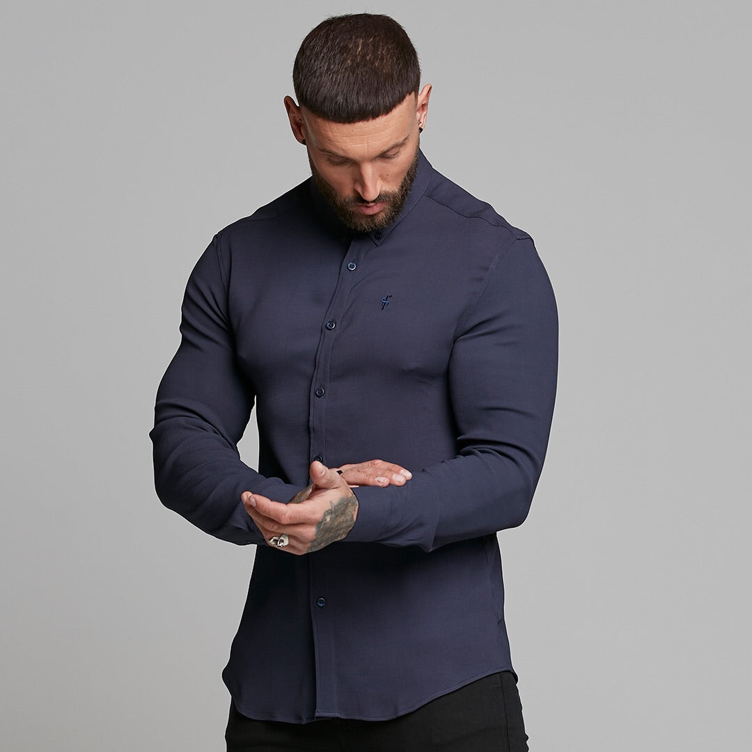 Super Slim Stretch Ribbed Navy Long Sleeve - FS443