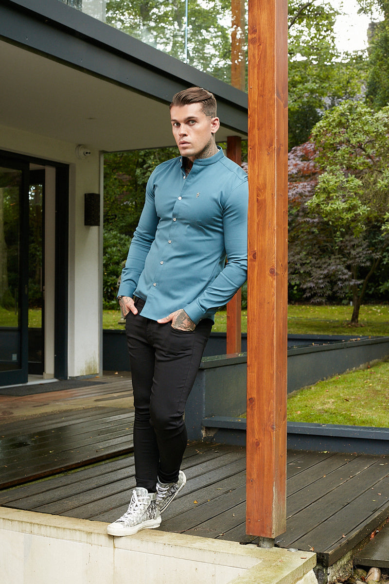 Father Sons Super Slim Stretch Teal Denim Long Sleeve Grandad collar with Metal Buttons and Decal Emblem - FS711