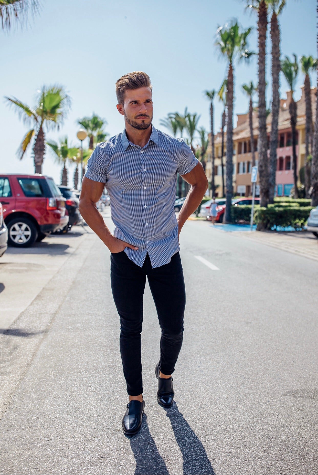 Super Slim Stretch Black Gingham Short Sleeve (Grey Emblem) - FS578