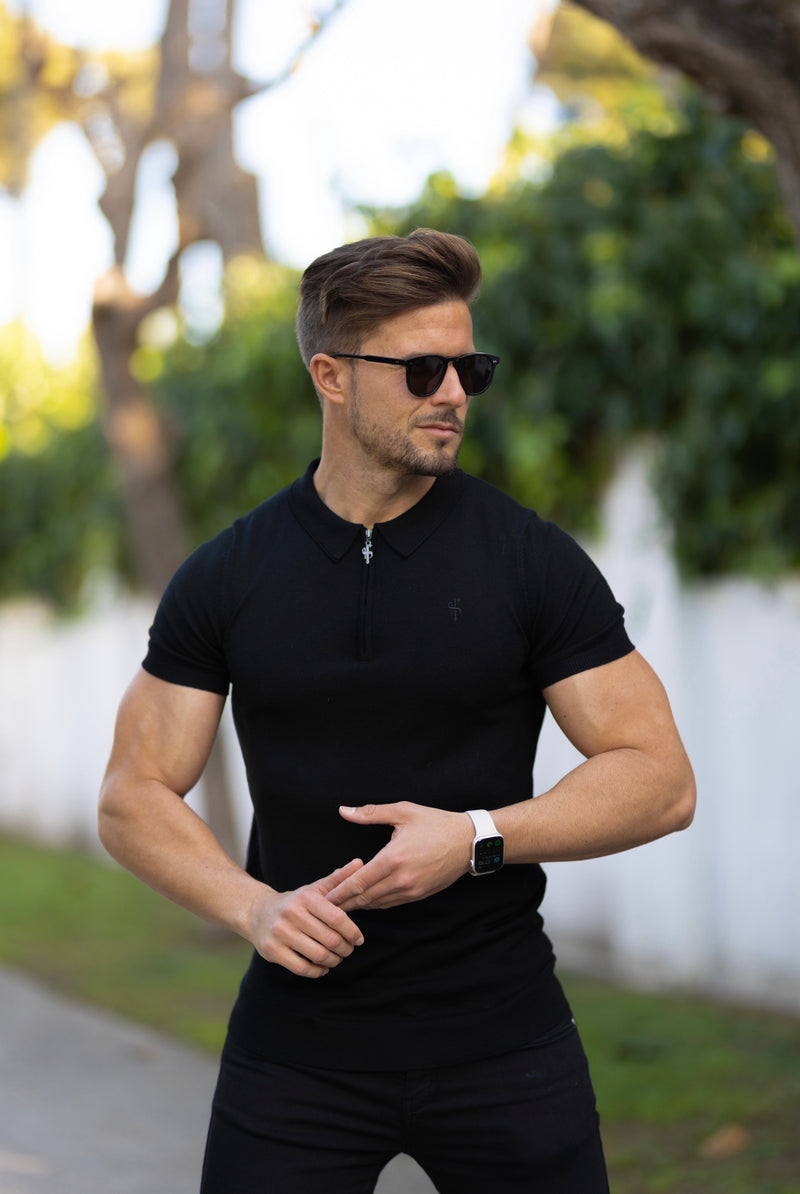 Father Sons Classic Black Merino Wool Knitted Zip Polo Short Sleeve Jumper With FS Embroidery- FSN023