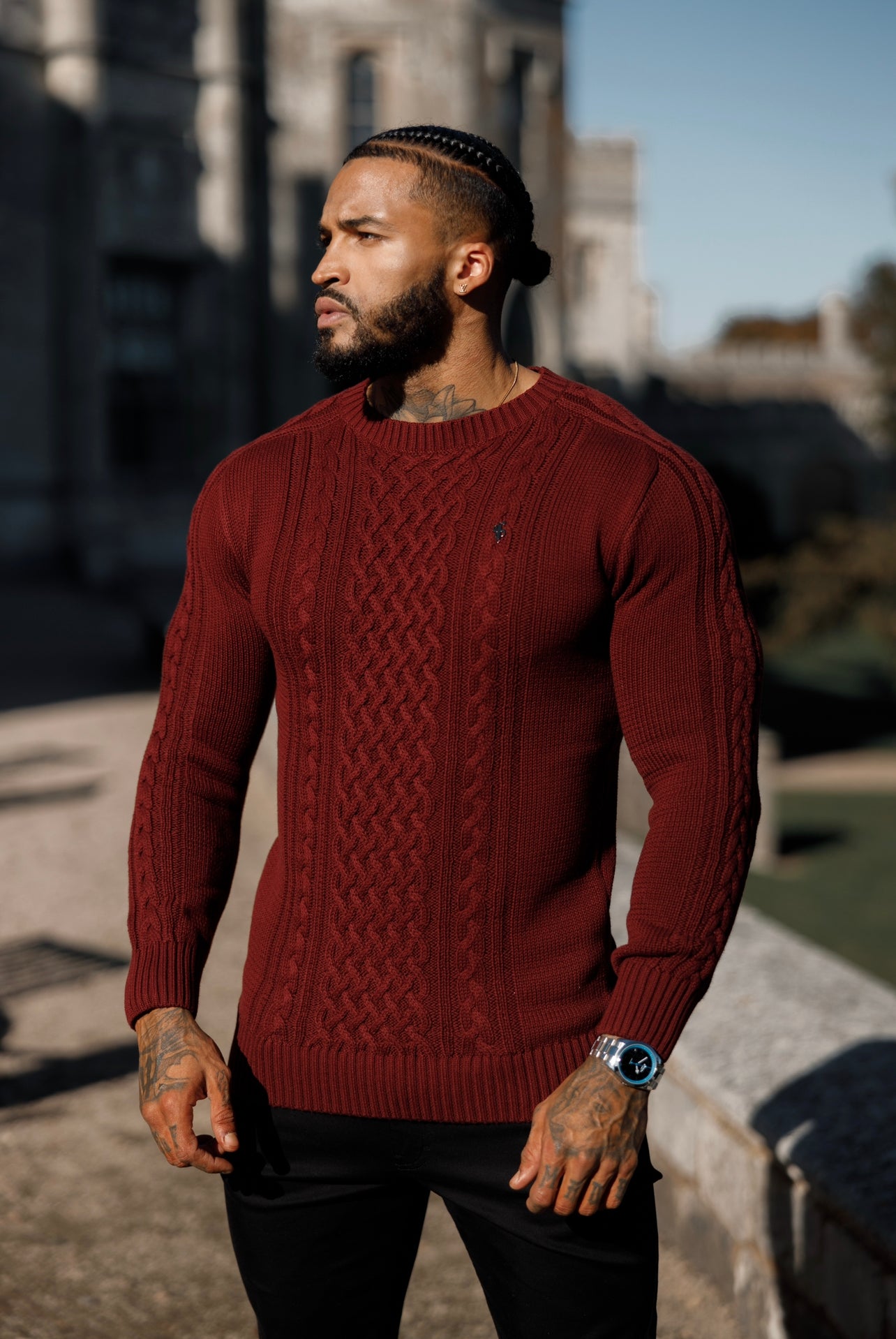 Burgundy Knitted Cable Saddle Crew Super Slim Jumper With Metal Decal - FSN079