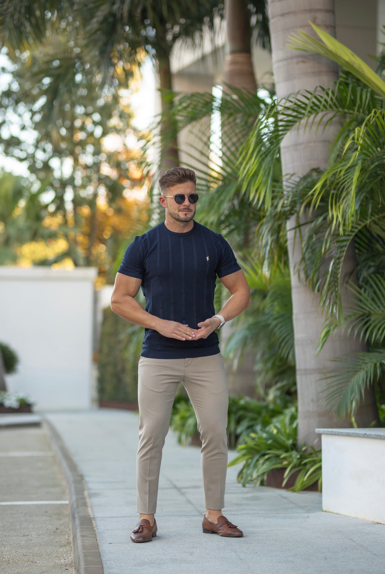 Classic Short Sleeve Navy Knitted Wide Rib Crew with Gold Emblem - FSH562