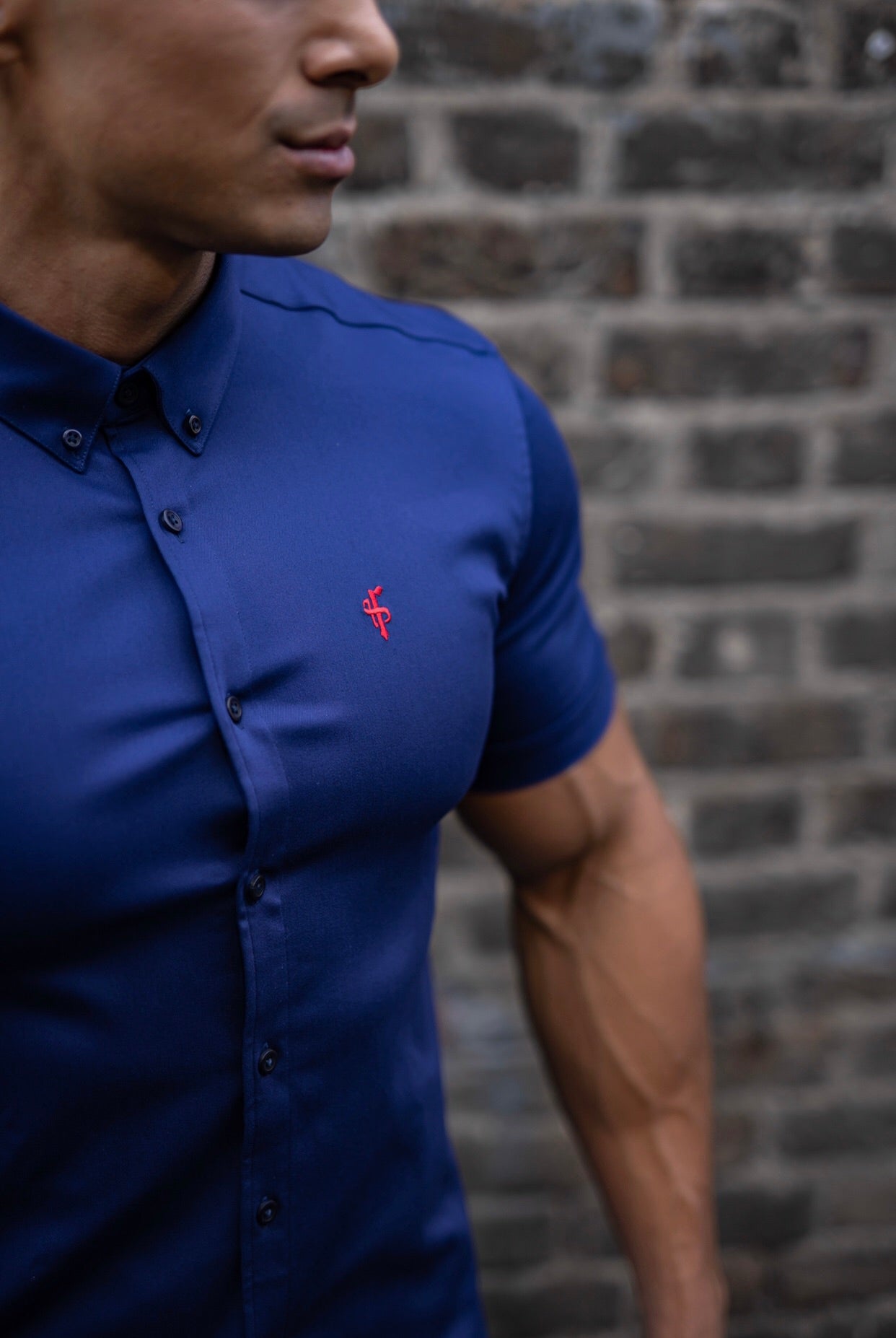 Super Slim Stretch Navy Denim Short Sleeve (Red Emblem) - FS199