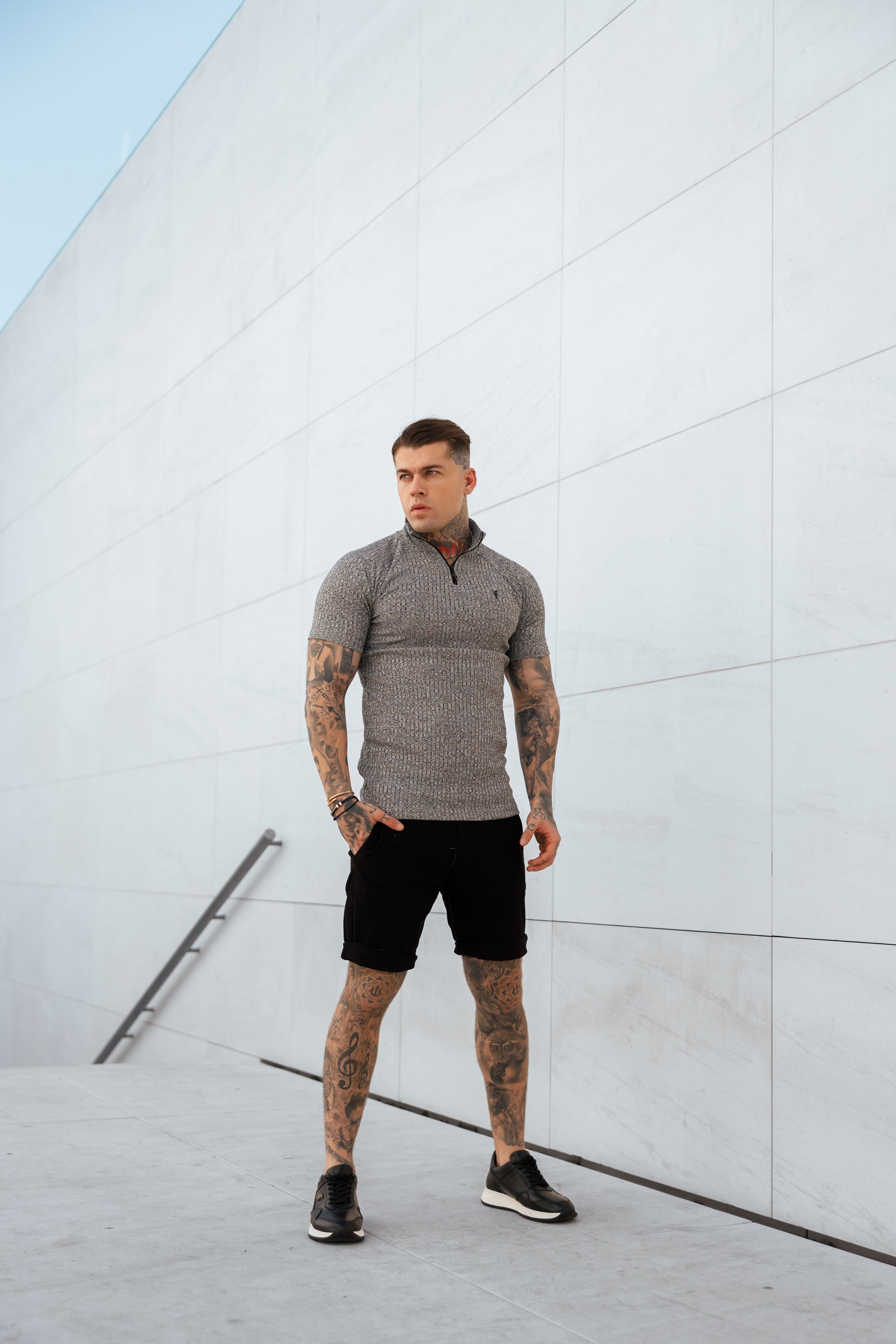 Classic Grey Ribbed Zip Funnel Neck Raglan Short Sleeve Crew - FSH730