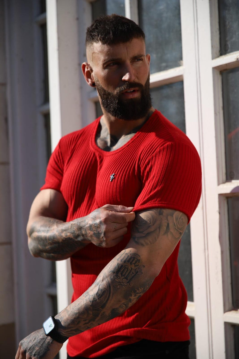 Father Sons Classic Red Ribbed Knit Super Slim Short Sleeve Crew With Black Decal - FSH614