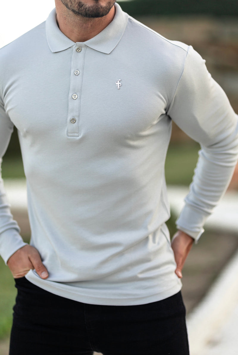 Father Sons Classic Light Grey Pima Polo Shirt with Metal Buttons and Emblem Long Sleeve  - FSH528