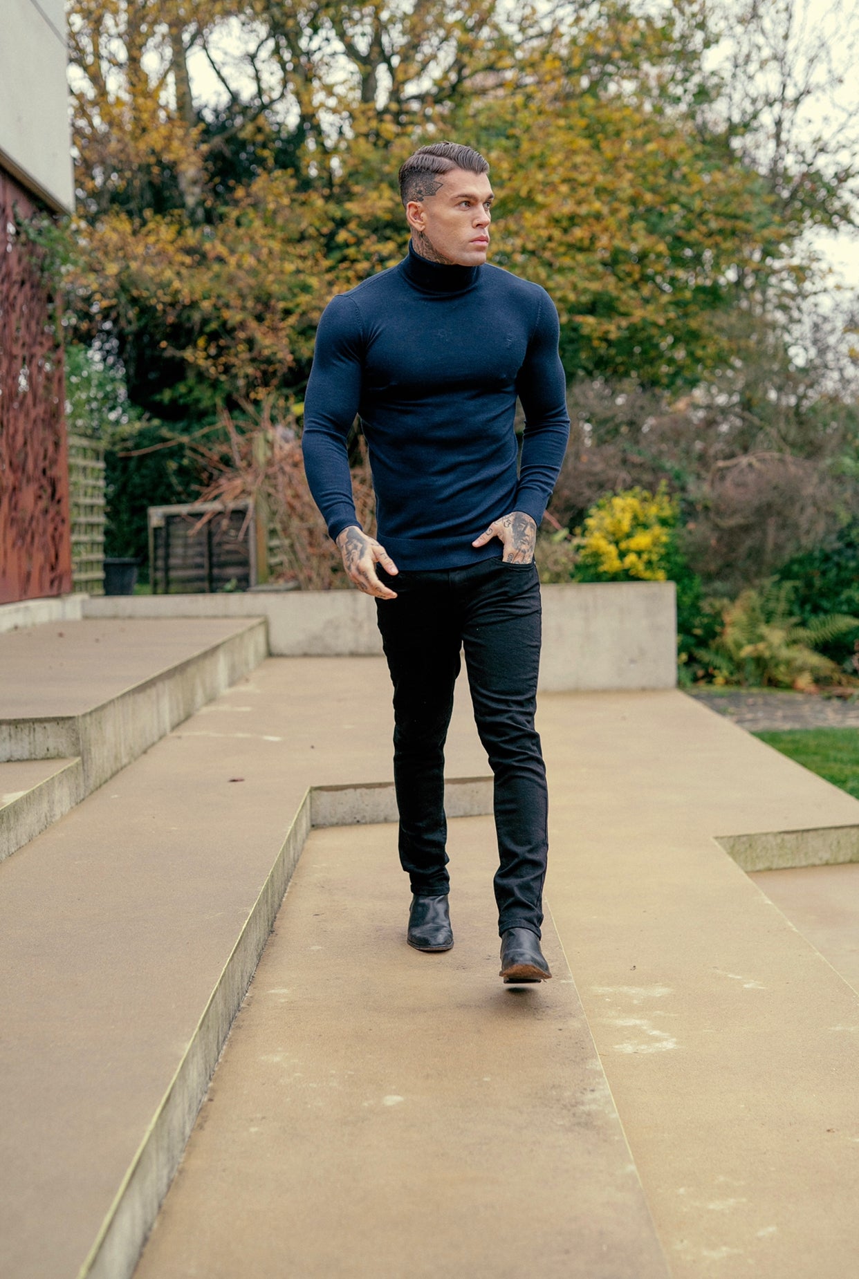 Classic Navy Roll Neck Merino Wool Knitted Jumper With FS Embroidery - FSN011