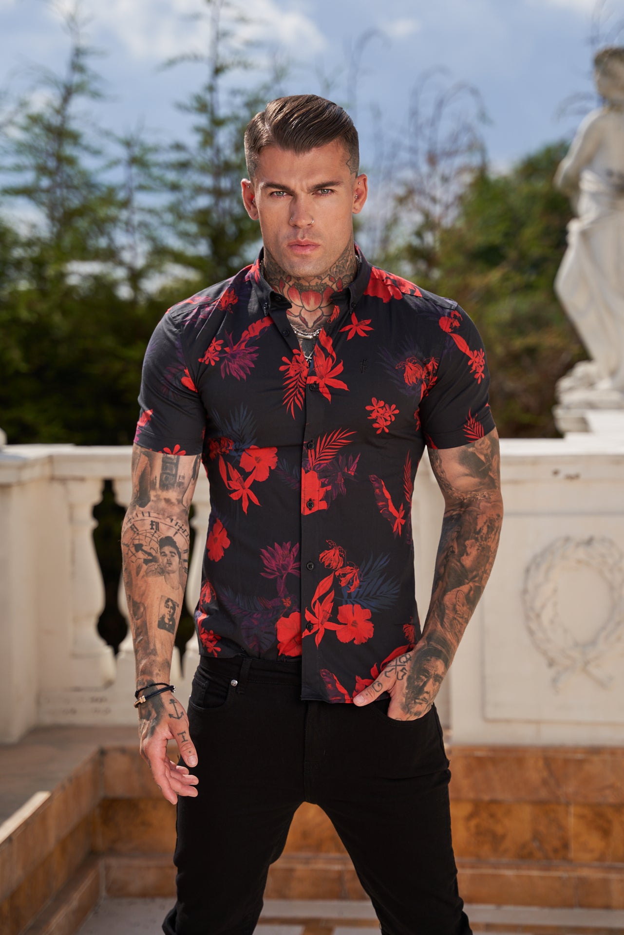 Super Slim Stretch Black and Red Floral Print Short Sleeve with Button Down Collar - FS767