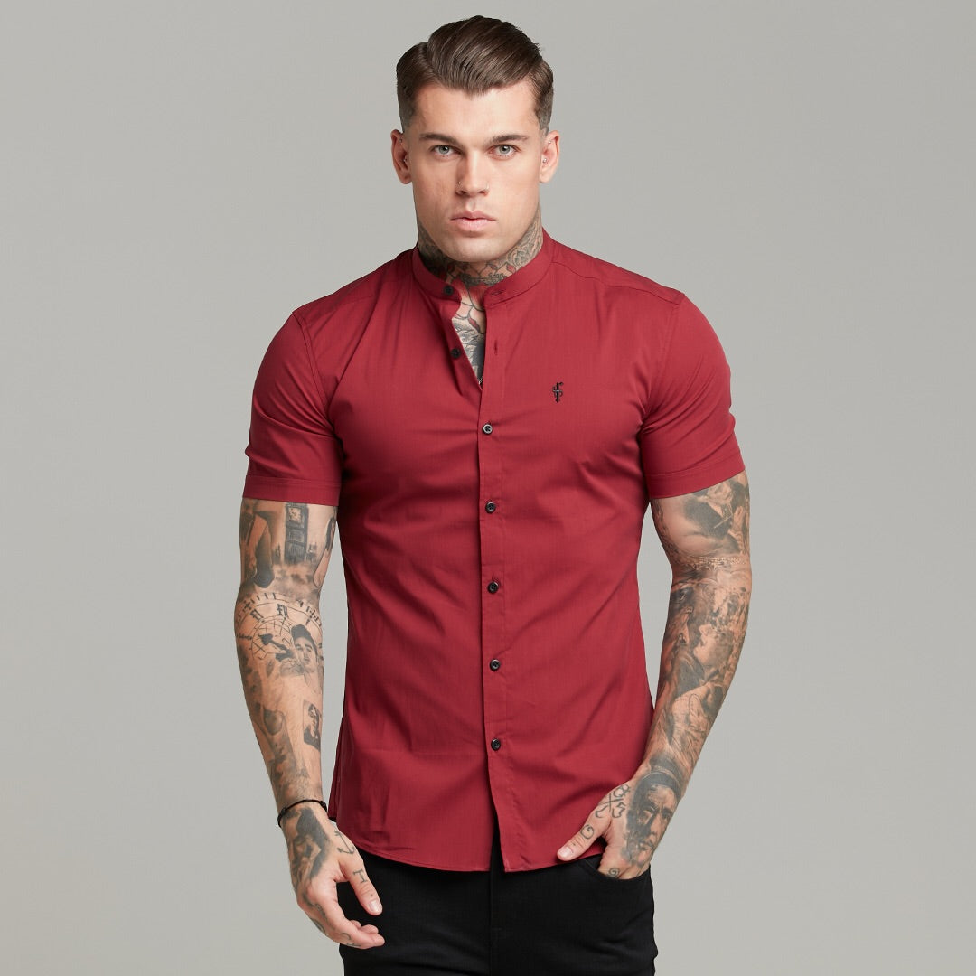 Super Slim Stretch Classic Oxblood Grandad Collar Short Sleeve - FS292