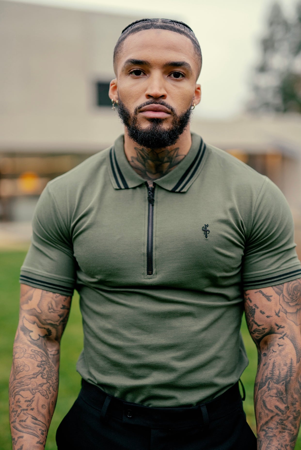 Khaki and Black Collar Contrast Zip Polo - FSH337