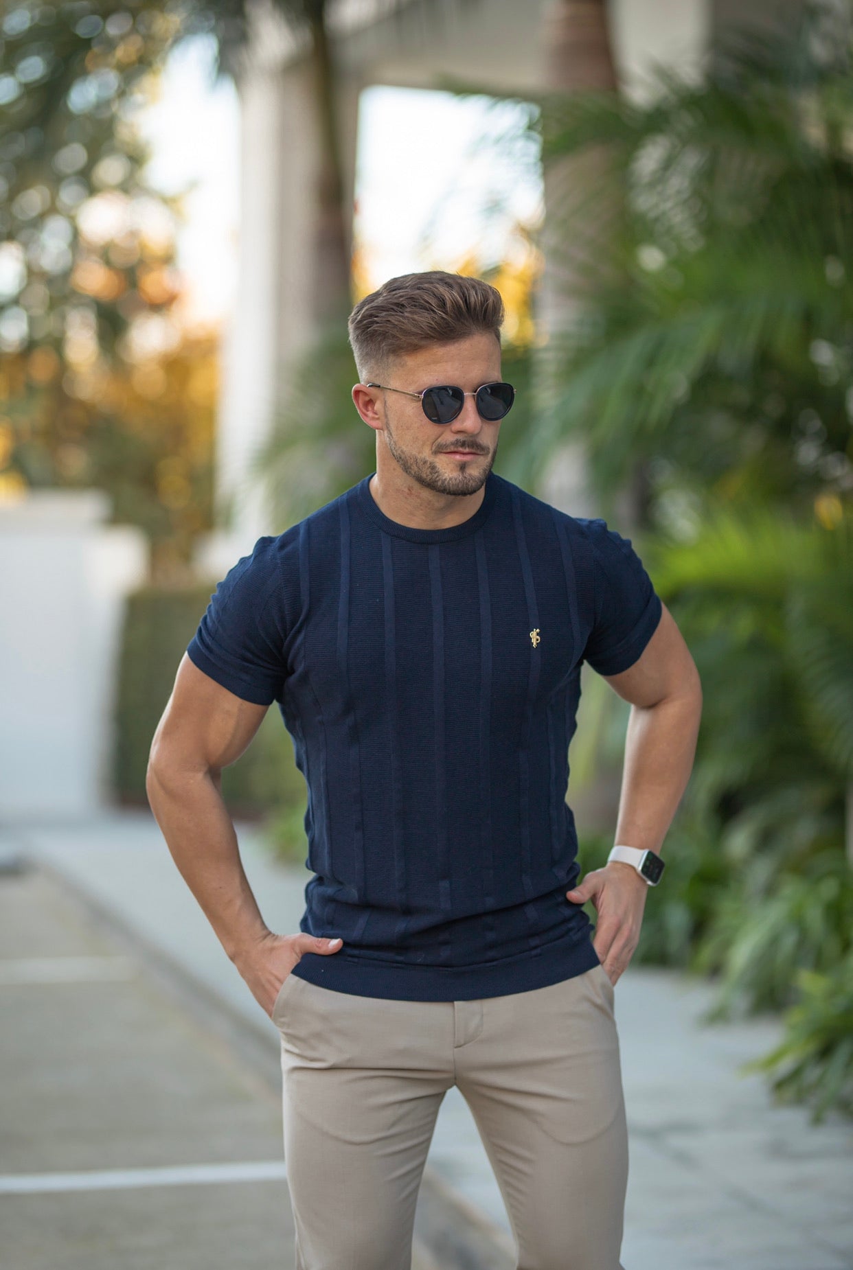 Classic Short Sleeve Navy Knitted Wide Rib Crew with Gold Emblem - FSH562