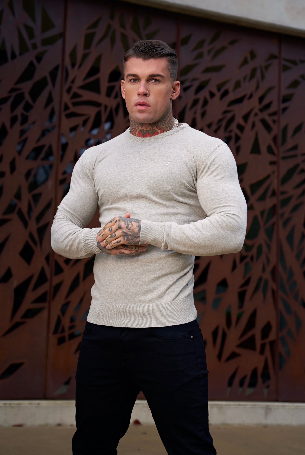 Classic Light Grey Marl Crew Neck Knitted Jumper with Tonal Emblem - FSH674