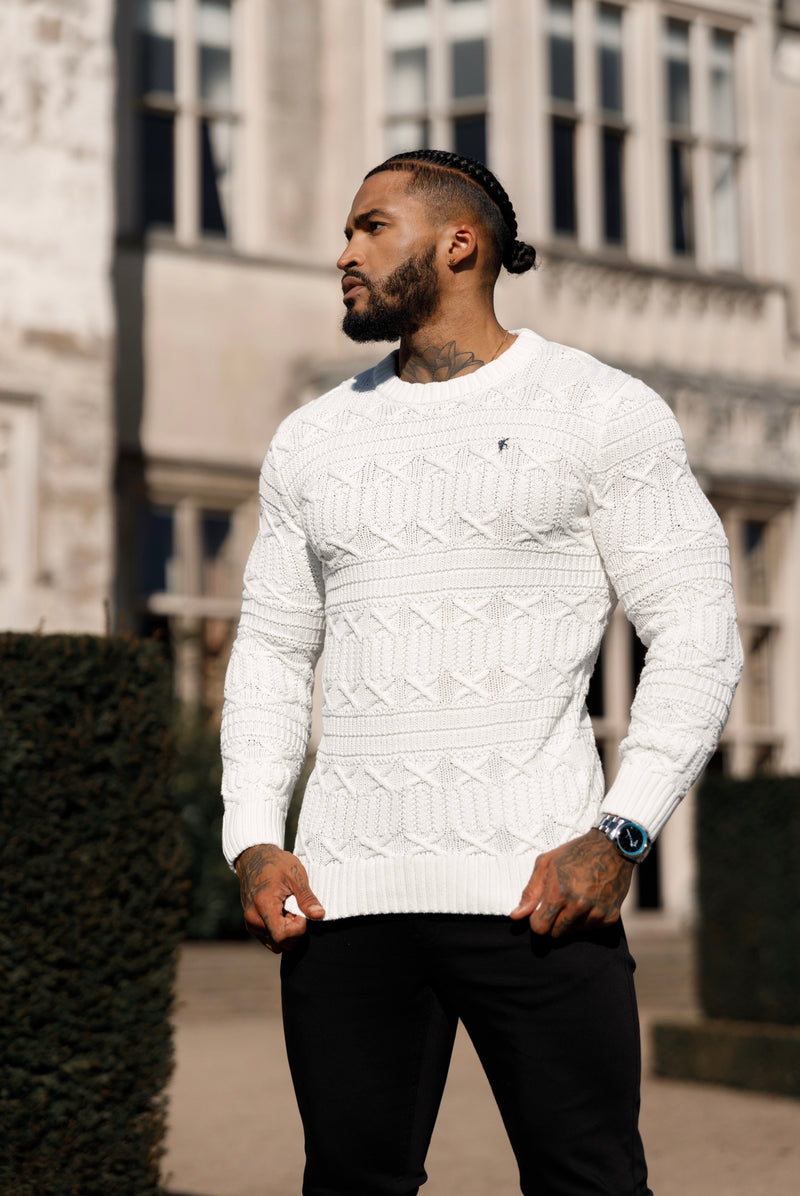 Father Sons Off White Knitted Cable Link Crew Super Slim Jumper With Metal Decal - FSN070
