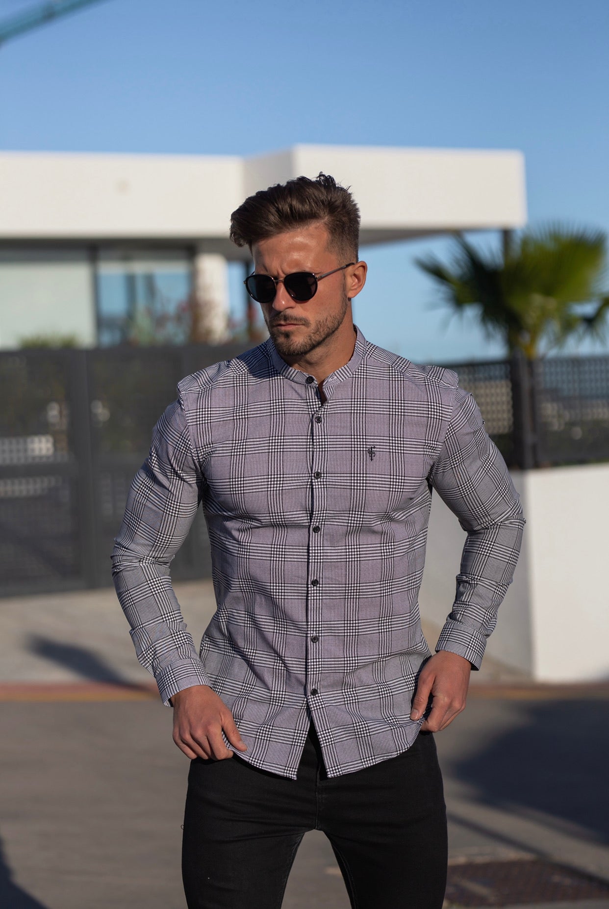 Super Slim Stretch Prince Of Wales White and Black Print Check Long Sleeve with Grandad Collar- FS746