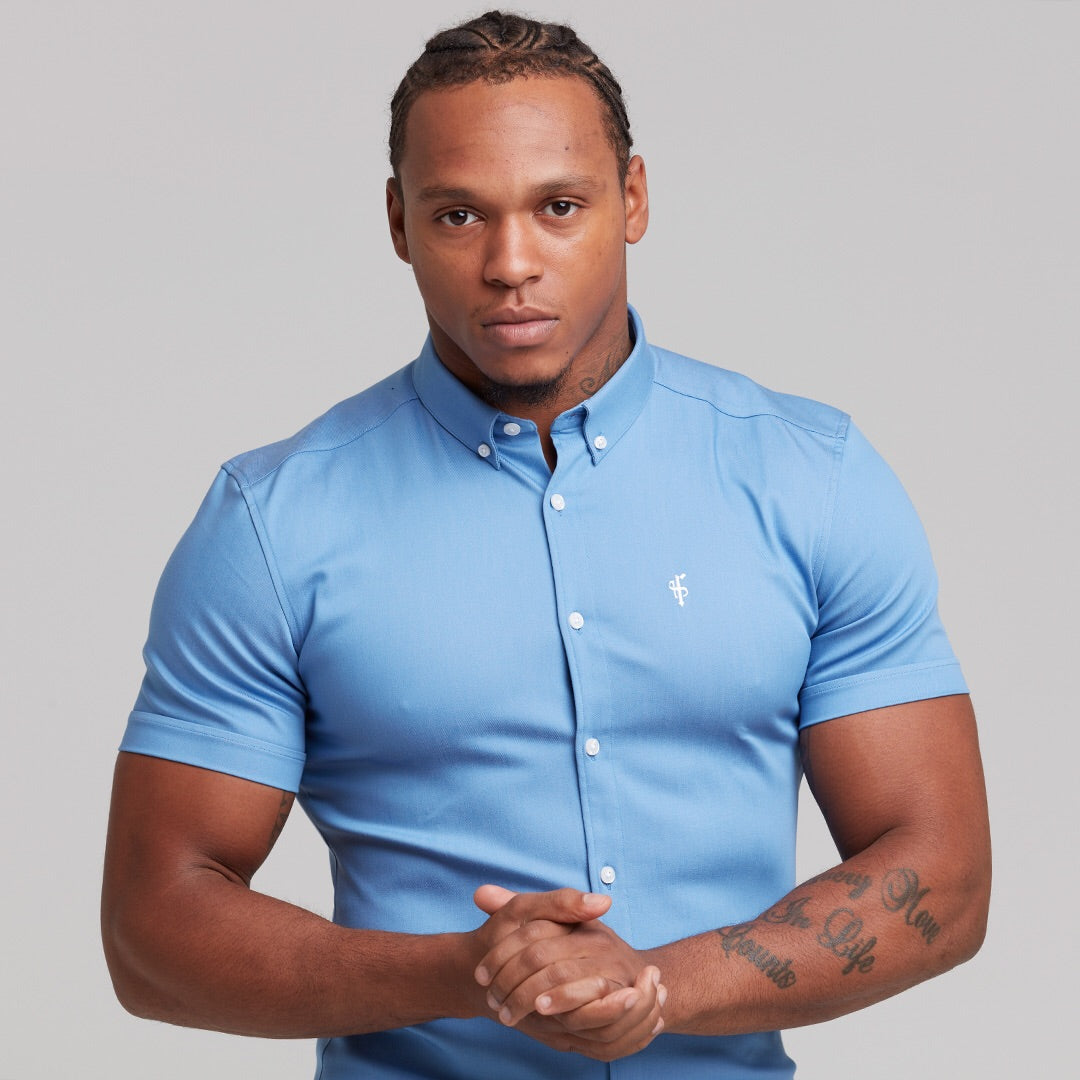 Super Slim Stretch Light Blue Denim Short Sleeve - FS200