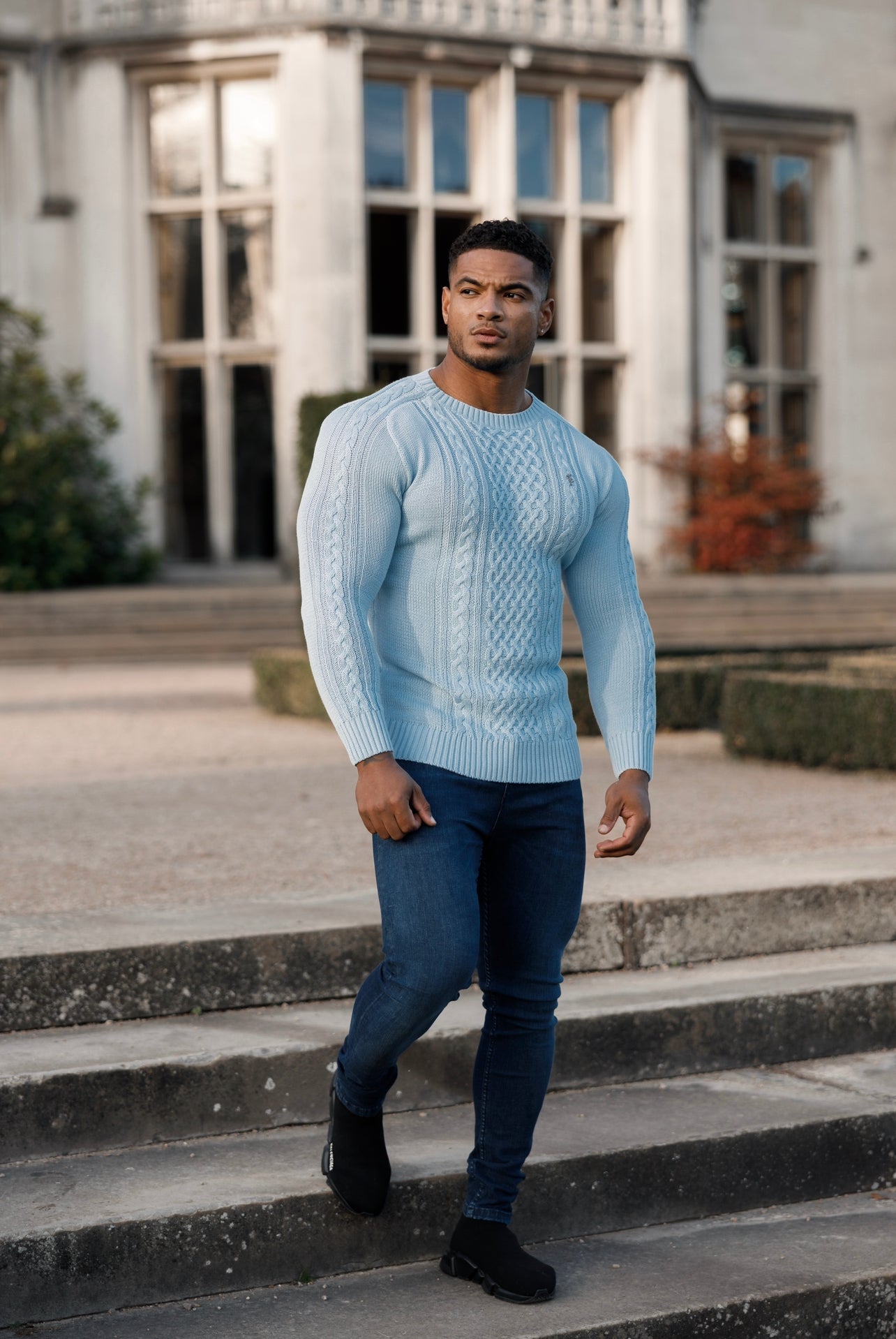 Sky Blue Knitted Cable Saddle Crew Super Slim Jumper With Metal Decal - FSN081