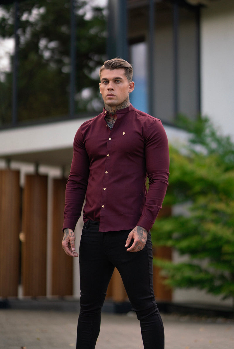 Father Sons Super Slim Stretch Burgundy Denim Long Sleeve Grandad collar with Metal Buttons and Decal Emblem - FS721