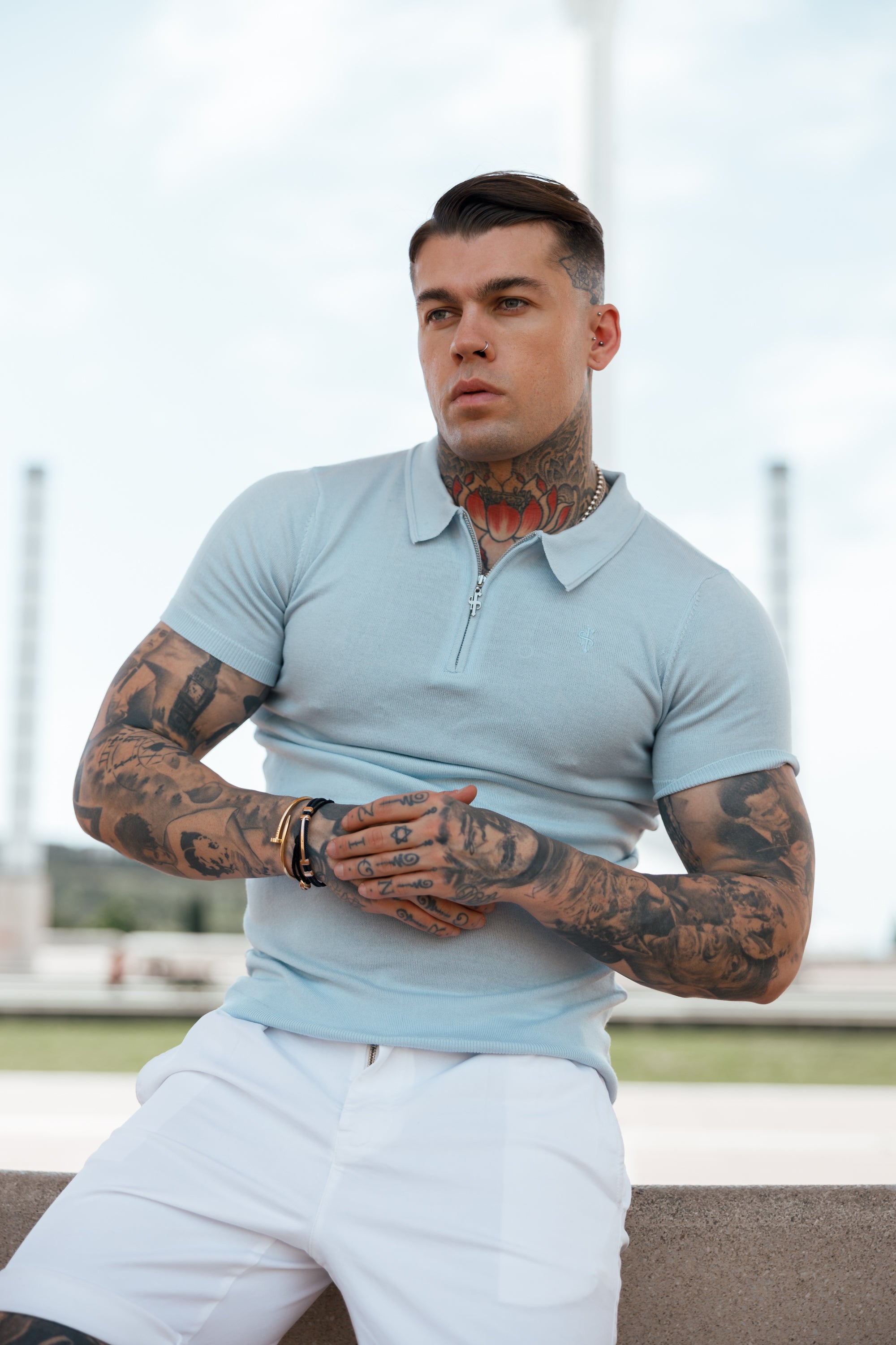 Classic Powder Blue Merino Wool Knitted Zip Polo Short Sleeve Jumper With FS Embroidery- FSN031