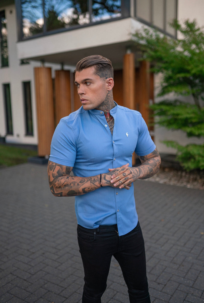 Father Sons Super Slim Stretch Light Blue Denim Short Sleeve Grandad collar with Silver Metal Buttons and Decal Emblem - FS718