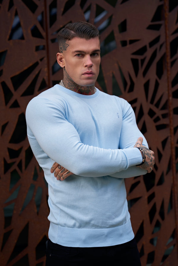 Father Sons Classic Sky Blue Light Weight Knitted Crew Neck with Blue Embroidery - FSN091
