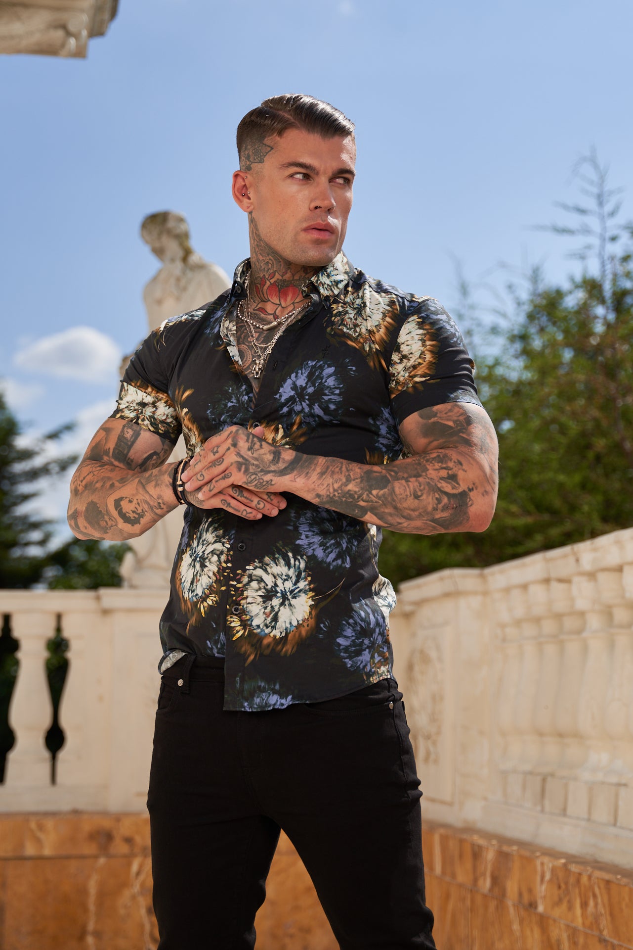 Super Slim Stretch Black Base Blurred Flower Print Short Sleeve with Button Down Collar - FS801
