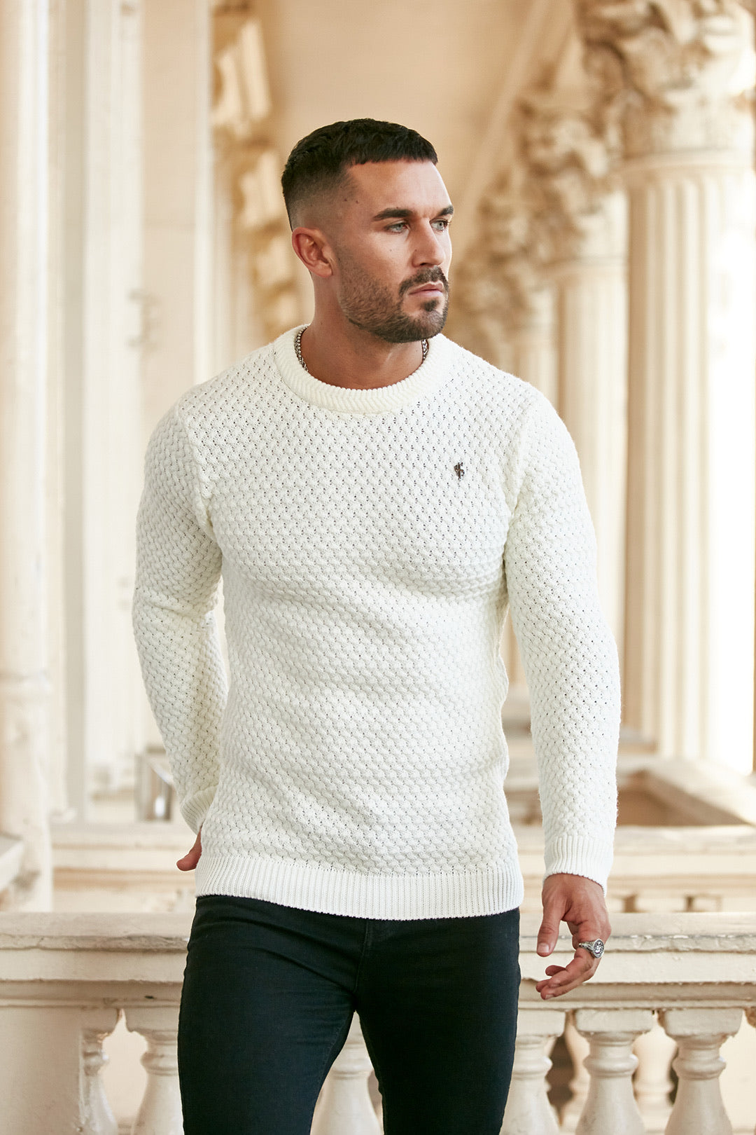 Cream Knitted Weave Super Slim Jumper With Metal Decal - FSJ012