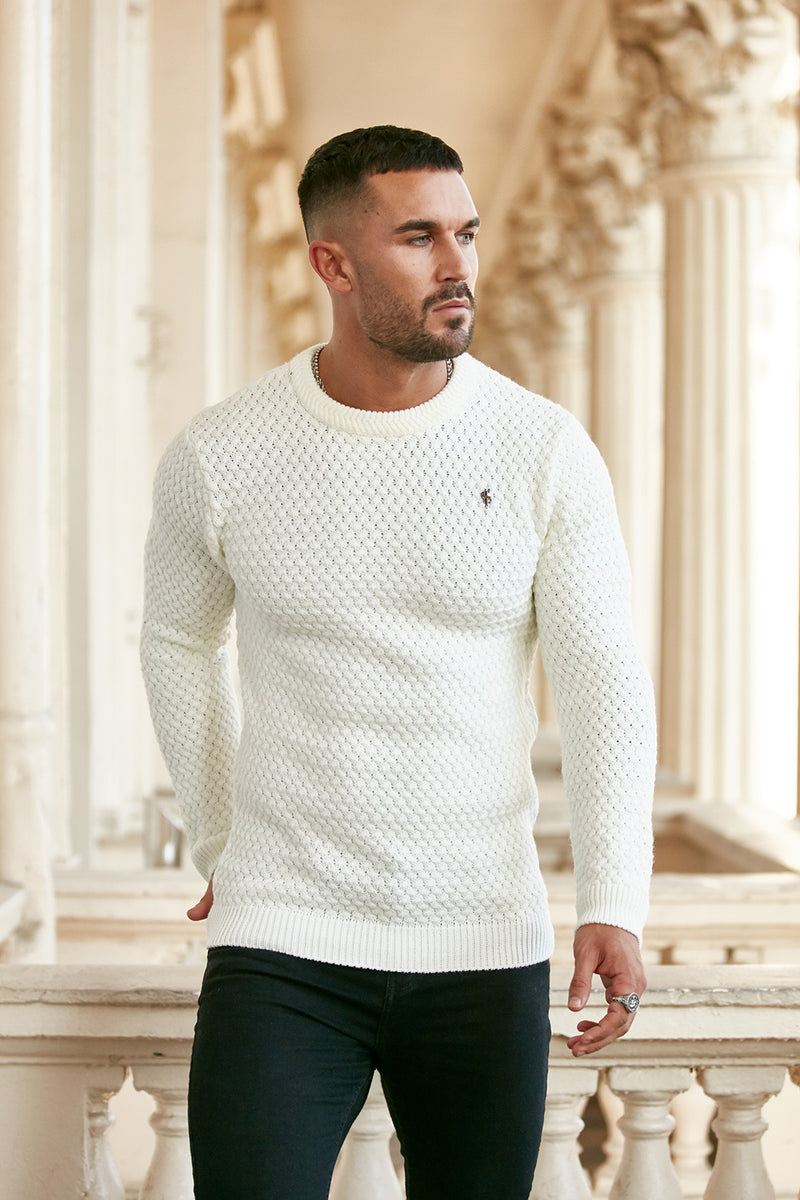 Father Sons Cream Knitted Weave Super Slim Jumper With Metal Decal - FSJ012