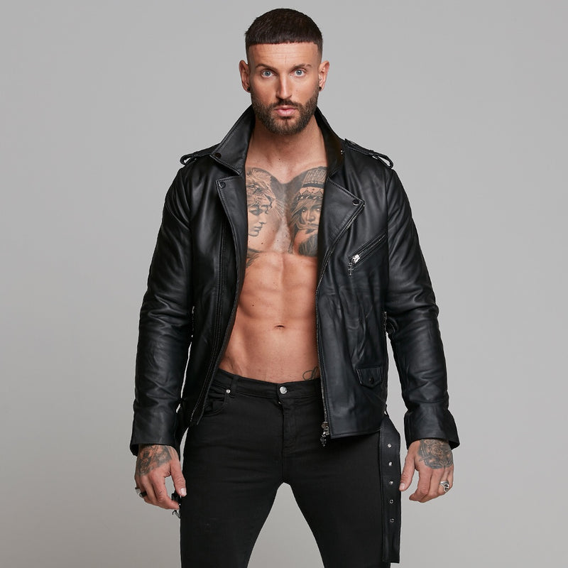 Father Sons Black Leather Jacket with Belt Detail - FSH313